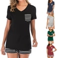 thumbnail image 1 of Elainilye Fashion Pajama Sets for Women Summer Pajamas Solid Color V-neck Short-sleeved Shorts Two-piece Suit Homewear,Black, 1 of 8