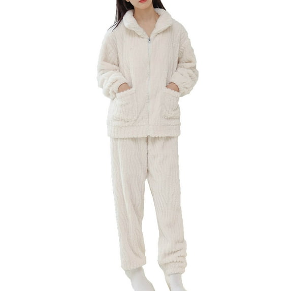 Elainilye Fashion Pajamas For Women Set Comfortable Casual Loungewear Zipper Stand-up Collar Tops And Vertical Grain Pants PJ Sets,White