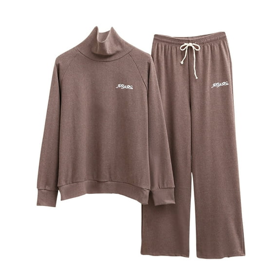 Elainilye Fashion Pajamas For Women Turtleneck Thin Fleece Oversized Loungewear T-Shirt Loose Wide Leg Pants Home Wear Pajama Sets,Brown