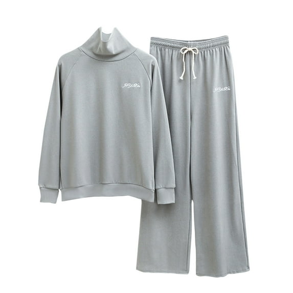 Elainilye Fashion Pajamas For Women Turtleneck Thin Fleece Oversized Loungewear T-Shirt Loose Wide Leg Pants Home Wear Pajama Sets,Gray