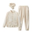 thumbnail image 1 of Elainilye Fashion Pajamas Set For Women Fleece Sleepwear Long Sleeve Pajamas Scarf Three Piece Set Homewear PJ Set,Beige, 1 of 6