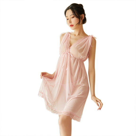 Elainilye Fashion Pajamas for Women Lace Transparent Small Chest Temptation Strap V-Neck Large Sleeping Dress Underwear,Pink