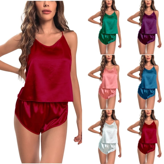 Elainilye Fashion Pajamas for Women Set Halter Pajamas Home Dress Shorts Sets Two-piece PJ Set Sleepwear,Red