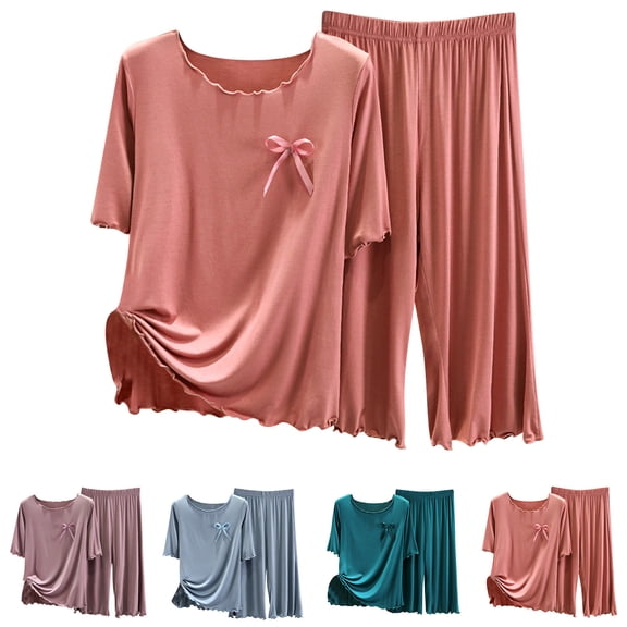 Elainilye Fashion Pajamas for Women Set Summer Casual Two Piece Suit Pajamas Ribs Short Sleeved Tops Pants Set Oversized Homewear,Pink