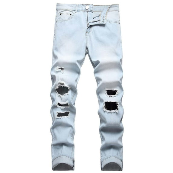 Elainilye Fashion Pants for Men Casual Cotton Straight Ripped Hole Trousers Jeans Pants Full Length Pants Trousers,Blue
