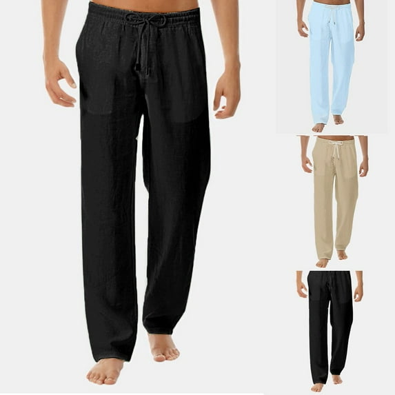 Elainilye Fashion Pants for Men Summer New Style and Pure Cotton and Linen Pants Baggy Trousers Sweatpants,Black