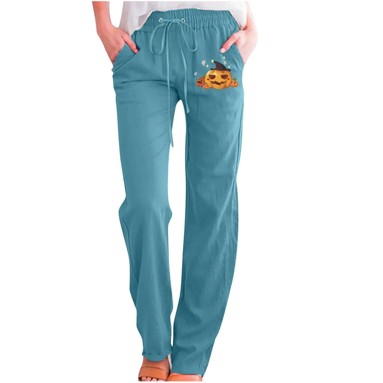 Elainilye Fashion Pants for Women Halloween Casual Pumpkin Print Pants  Cotton Hemp Pants Loose Straight Wide Leg Trousers Lounge Pants Sweatpants  