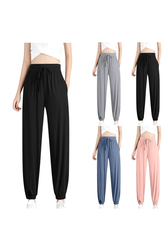 Fashion Pants for Women Trendy Summer Ice Silk Bundle Feet High Waist Trousers Casual Pants with Pocket,Pink