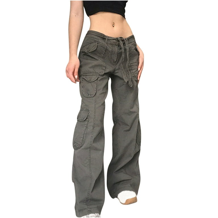Elainilye Fashion Parachute Pants For Women Low Waisted Cargo Pants Vintage  Street Style Spicy Girl Pants Straight Tube Slimming Pants Trousers