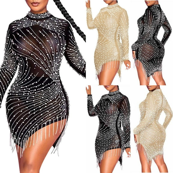 Elainilye Fashion Party Dresses for Women Nightclub Net Yarn Perspective Hot Drilling Fringe Round Neck Long Sleeve Dress,Black