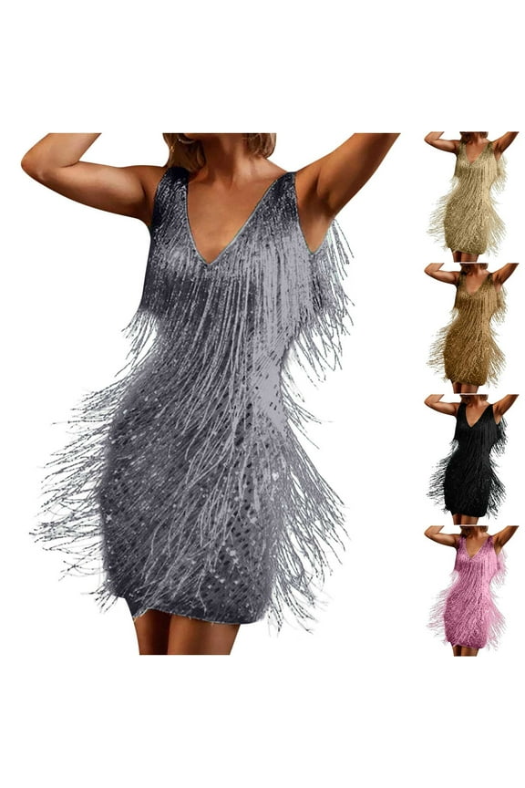 Fashion Party Dresses for Women Plus Size Low Cut Deep V-neck Sleeveless Sequin Dress with Tassel Skirt,Pink