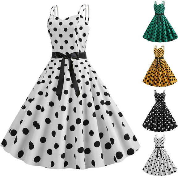 Elainilye Fashion Party Dresses for Women Vintage Print Round Neck Sleeveless Dress Polka A-Line Dress,Black