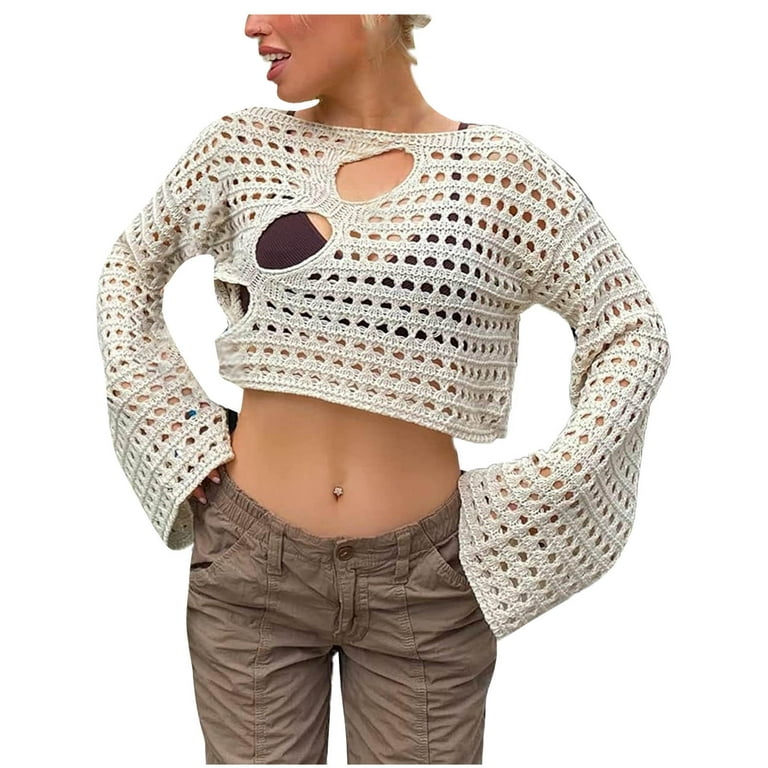 Elainilye Fashion Plain T Shirts For Women Irregular Perforated Hollow  Knitted Overwear Woolen Top