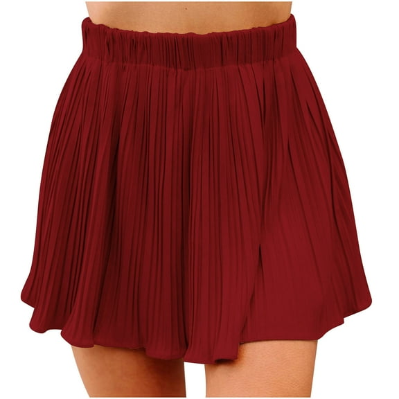 Elainilye Fashion Pleated Skirt Summer Casual Comfy Solid Color Going Out Vacation Pleated Skirt,Red