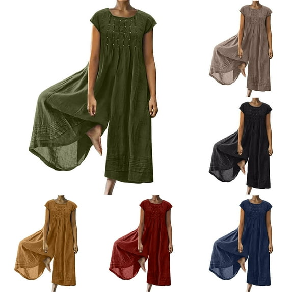 Elainilye Fashion Plus Size Pants Women Casual Solid Cotton Linen Romper Long Playsuit Zipper Short Sleeve Jumpsuit,Green