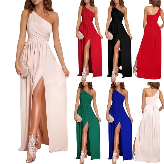 Elainilye Fashion Prom Dress for Women Summer Solid Slimming Split One Shoulder Asymmetrical Evening Dress Prom Dress,Beige