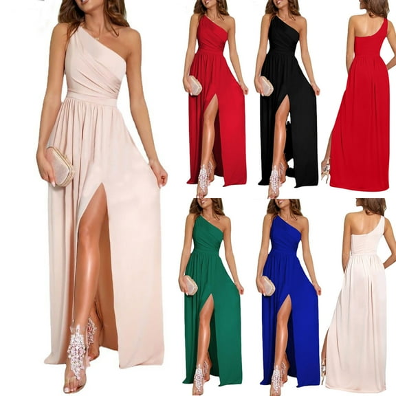 Elainilye Fashion Prom Dress for Women Summer Solid Slimming Split One Shoulder Asymmetrical Evening Dress Prom Dress,Black