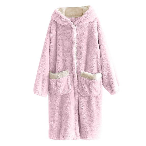 Elainilye Fashion Robe For Women Loose Coral Velvet Long Pajama Loungewear Winter Thickened Flannel Homewear Bathrobe,Pink