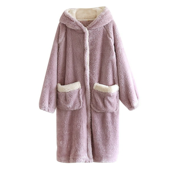 Elainilye Fashion Robe For Women Loose Coral Velvet Long Pajama Loungewear Winter Thickened Flannel Homewear Bathrobe,Purple