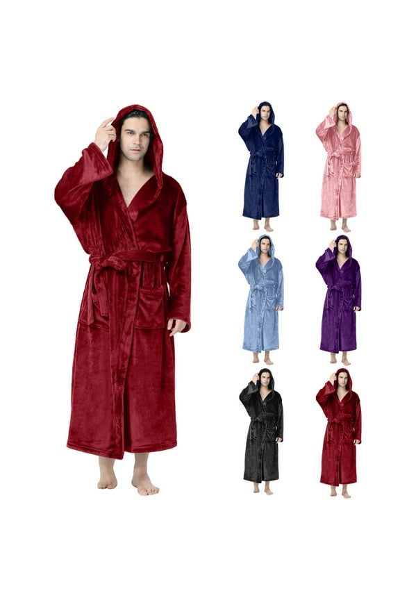 Fashion Robe for Men Fleece Plain Print Casual Waist Tie Cardigan Pocket Long Sleeve Hooded Bathrobe Nightgown,Black