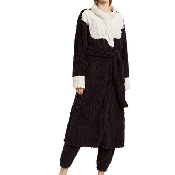 Elainilye Fashion Robes For Women Nightgowns Casual Comfortable Winter Oversized Thickened Fleece Homewear Bathrobe Set,Black
