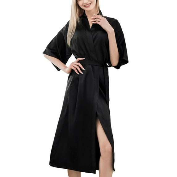 Elainilye Fashion Robes For Women Solid Color Homewear Casual Nightgown With Belt Half Sleeve Pajama Dress Robes,Black