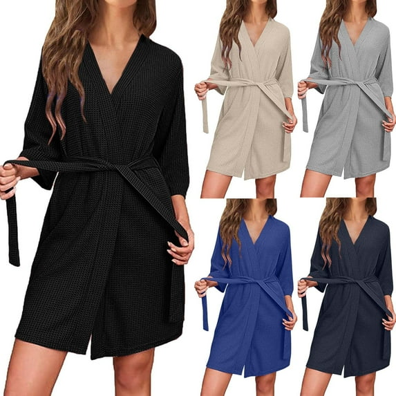 Elainilye Fashion Robes for Women Plain Print Long Sleeve V-Neck Sashes Pokets Bandage Dress Nightgowns Bathrobe Robes,Gray