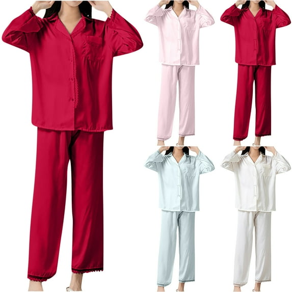 Elainilye Fashion Satin Pajamas Women Home Wear Pajamas Two Piece Outfits Long Sleeve Pants Pajama Set Loungewear,White