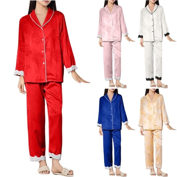 Elainilye Fashion Satin Pajamas Women Home Wear Pajamas Two Piece Outfits Long Sleeve Pants Pajama Set Loungewear,Yellow