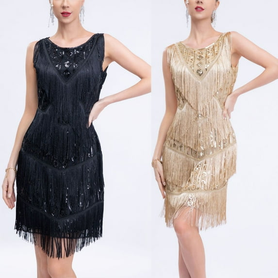Elainilye Fashion Sequin Dress for Women 1920 Vintage Sequin Dress Studded Tassel Dress High-end Banquet V-neck Small Dress,Beige