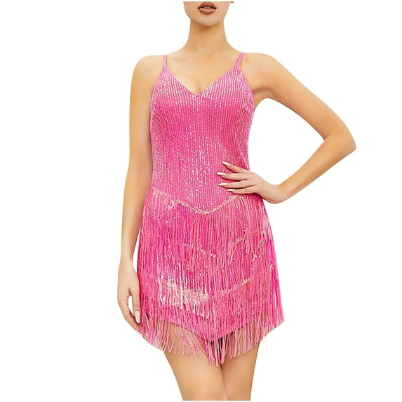 Elainilye Fashion Sequin Dress for Women Casual Summer Solid Color V-Neck Sleeveless Camis Dress Prom Dress Party Dress,Pink