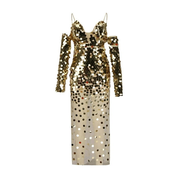 Elainilye Fashion Sequin Dress for Women Off Shoulder Dresses Mesh Perspective Long Evening Dress Party Dress,Gold