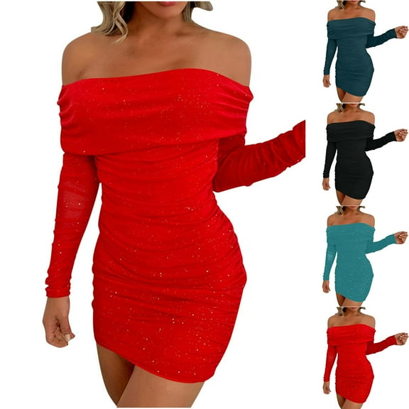 Elainilye Fashion Sequin Dress for Women Party Sexy Prom Off-the-Shoulder Lace Up Long Sleeve Sequin Tassel Open Back Short Dress,Red