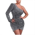 thumbnail image 1 of Elainilye Fashion Sequin Dress for Women Solid Sequins Thin One Shoulder Long Sleeve Prom Dress Party Club Dress,Gray, 1 of 6