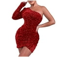 thumbnail image 1 of Elainilye Fashion Sequin Dress for Women Solid Sequins Thin One Shoulder Long Sleeve Prom Dress Party Club Dress,Red, 1 of 6