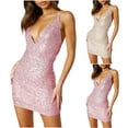 thumbnail image 1 of Elainilye Fashion Sequin Dress for Women V-neck Dress with Suspender Sexy Backless Sequin V-neck Dress Party Club Dress,Beige, 1 of 9
