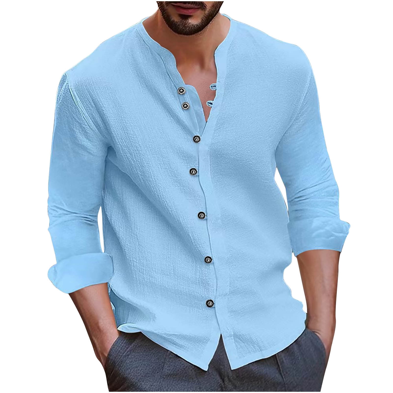 Elainilye Fashion Shirt Button Up Shirt Men Casual Solid Round Neck Button  Long Sleeve Shirt Blouse Tops,Blue 