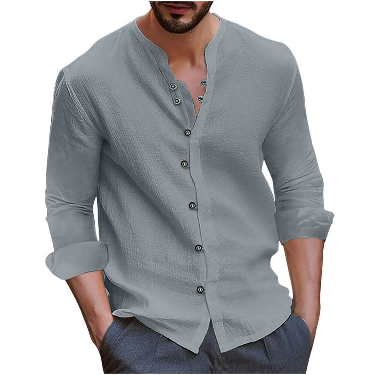 Elainilye Fashion Shirt Button Up Shirt Men Casual Solid Round Neck Button  Long Sleeve Shirt Blouse Tops,Gray