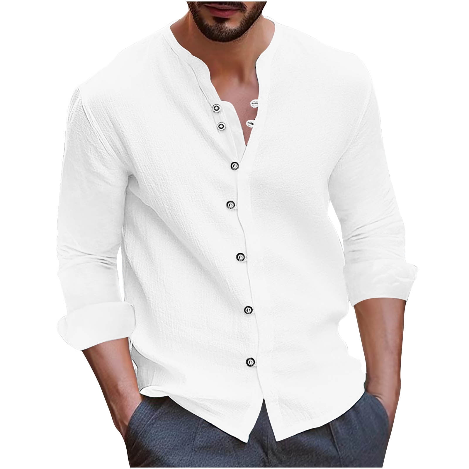 Elainilye Fashion Shirt Button Up Shirt Men Casual Solid Round Neck Button  Long Sleeve Shirt Blouse Tops,White 