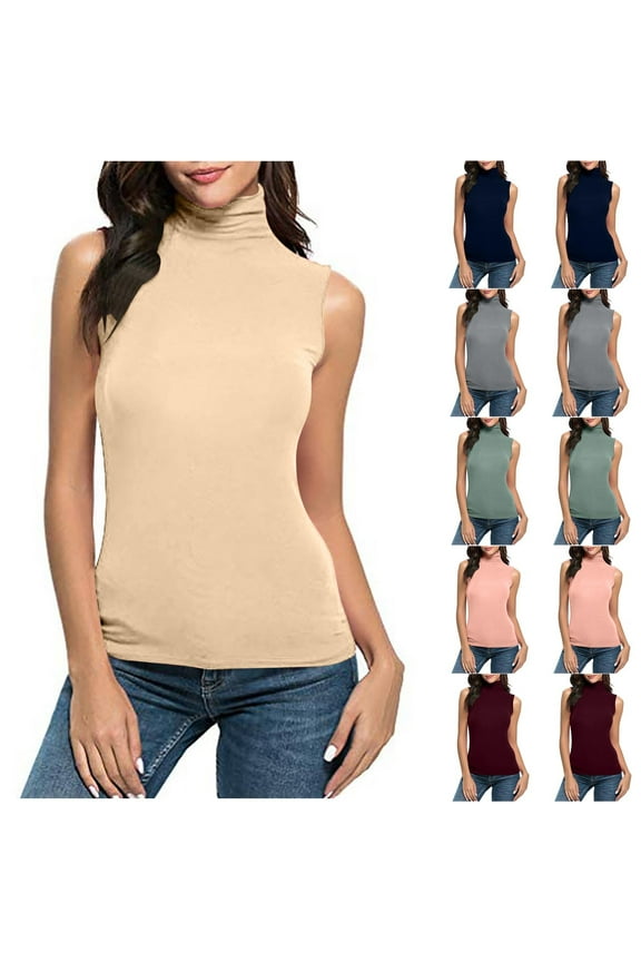 Fashion Shirts for Women Compression Shirts Casual Solid Color Sleeveless Turtleneck Underscrubs Shirt Blouse Tops,Red