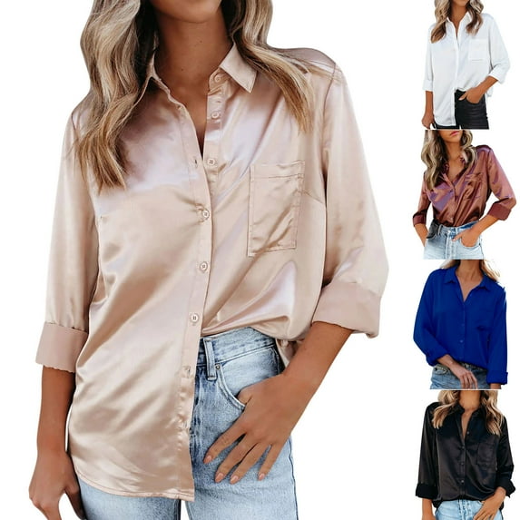 Elainilye Fashion Shirts for Women Loose Casual Long Sleeve Solid Turn Down Collar Casual Blouse T-shirt Tops,White