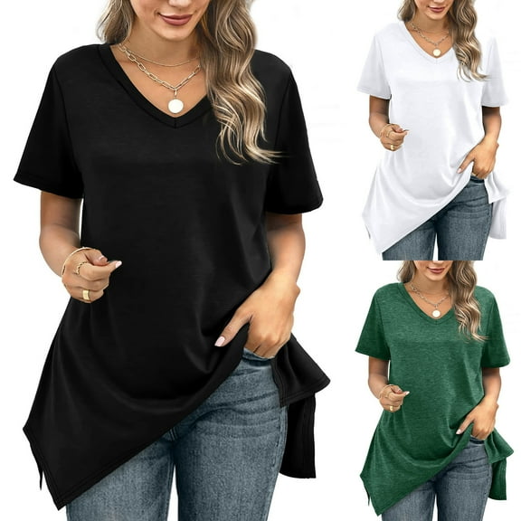 Elainilye Fashion Shirts for Women Trendy Loose Casual Short Sleeve V-Neck Solid Casual Blouse T-shirt Tunic Tops,Black