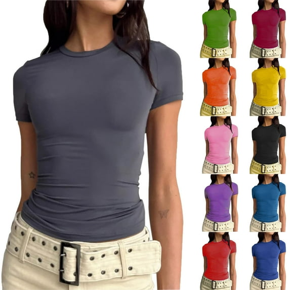 Elainilye Fashion Shirts for Women Trendy Summer Short Sleeve Solid Color Basics Crewneck Casual Pullover Top T-Shirt,Orange