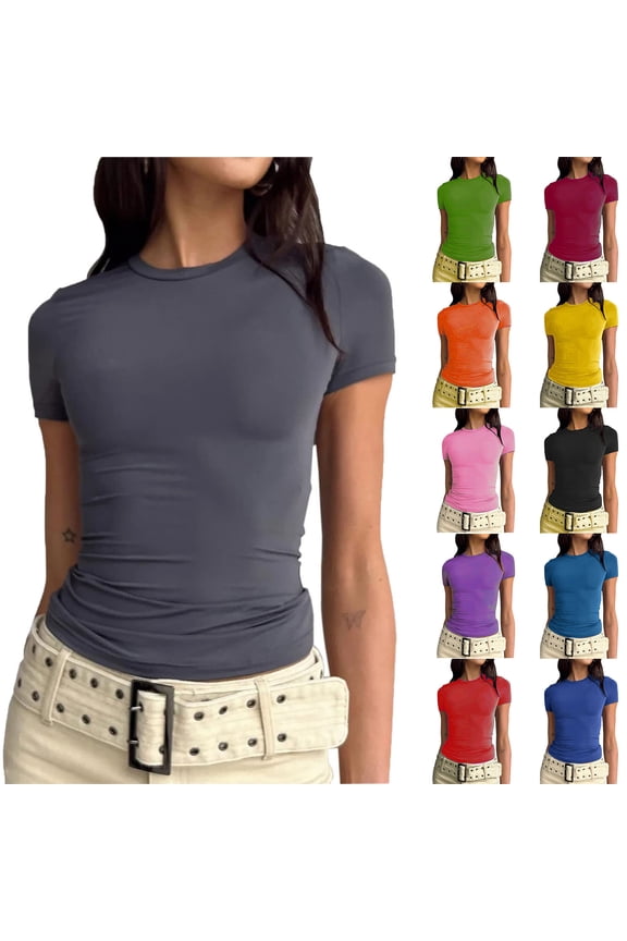 Fashion Shirts for Women Trendy Summer Short Sleeve Solid Color Basics Crewneck Casual Pullover Top T-Shirt,Purple