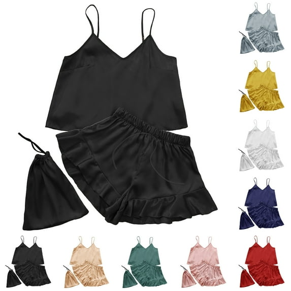 Elainilye Fashion Shorts Pajama Set for Women Plain Print Casual Sleeveless Tops Shorts Set Home Wear Sleepwear,Red
