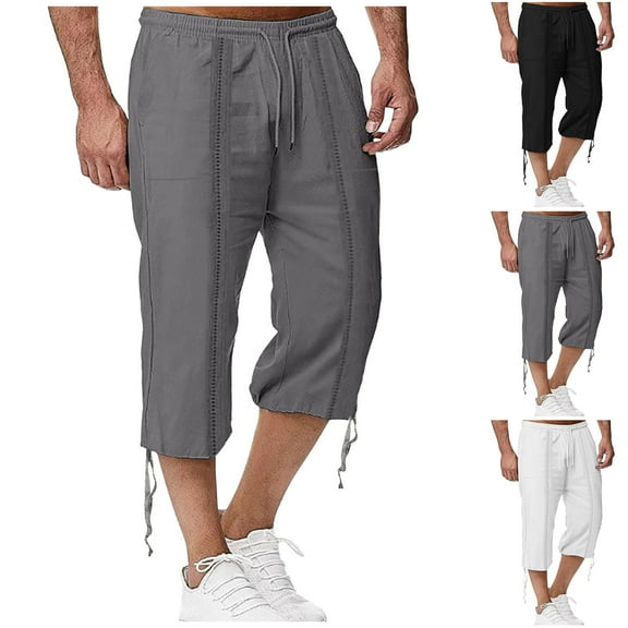 Elainilye Fashion Shorts for Men Plain Print Drawstring Elastic Waist Pocket Casual Sweatpants Capris Pants,White