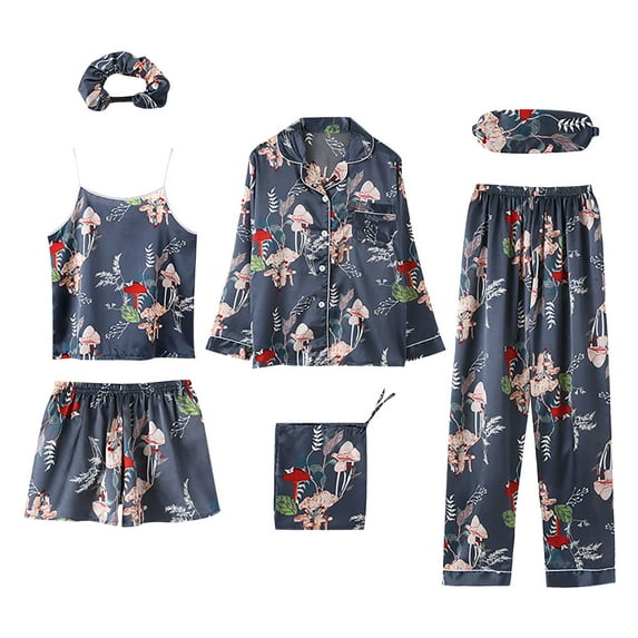 Elainilye Fashion Silk Pajama Set for Women 7PC Pajamas Sets Faux Silk Pajamas Sleepwear Sets Spring Summer Homewear,Blue