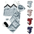 thumbnail image 1 of Elainilye Fashion Silk Pajama Set for Women Summer Breathable Ice Silk Home Wear Camisole and Pants 4 Piece PJ Set,Blue, 1 of 9