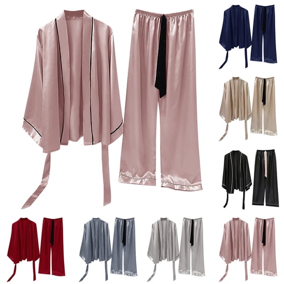 Elainilye Fashion Silk Pjs for Women Set Plain Print Long Sleeved Top and Pants Two Piece Sets Ice Silk Thin Home Clothing Set,Brown