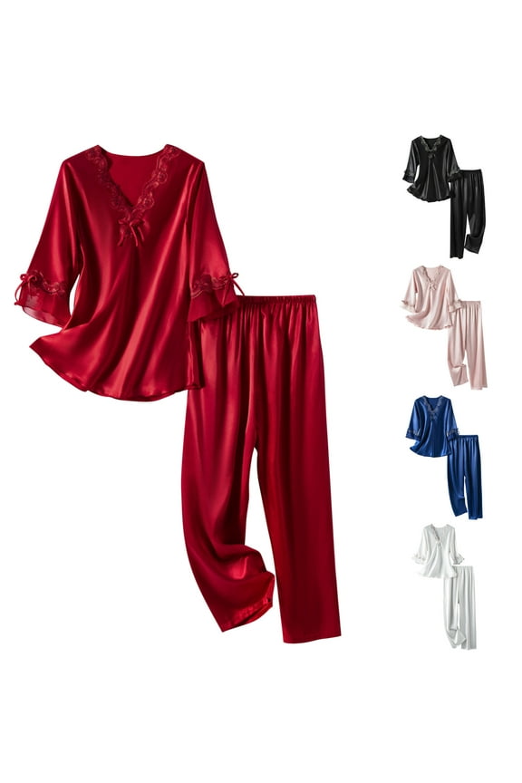 Fashion Silk Pjs for Women Set Sexy Taste Comfort Strap Lace Patchwork Top Add Long Set Pajamas Sleepwear Loungewear,White